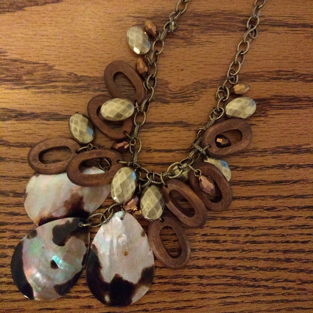 Wood and Shell Necklace and Matching Earrings
